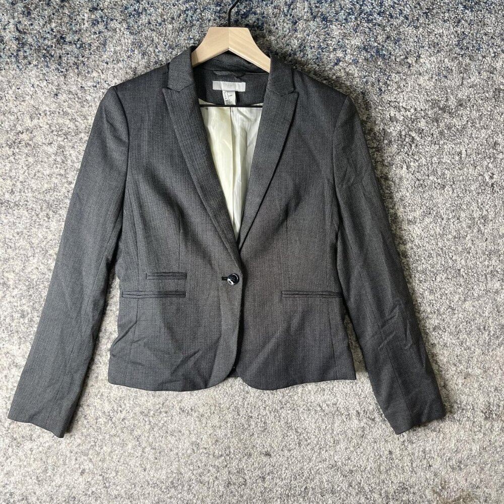 H&M Blazer Jacket Womens 4 Gray Single Button Lined Notch Lapel Workwear Stretch